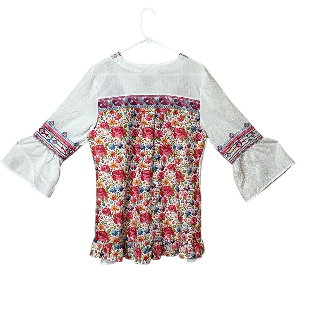 CALESSA Bohemian White Blouse with Colorful Embroidery,Size M - Picture 13 of 13